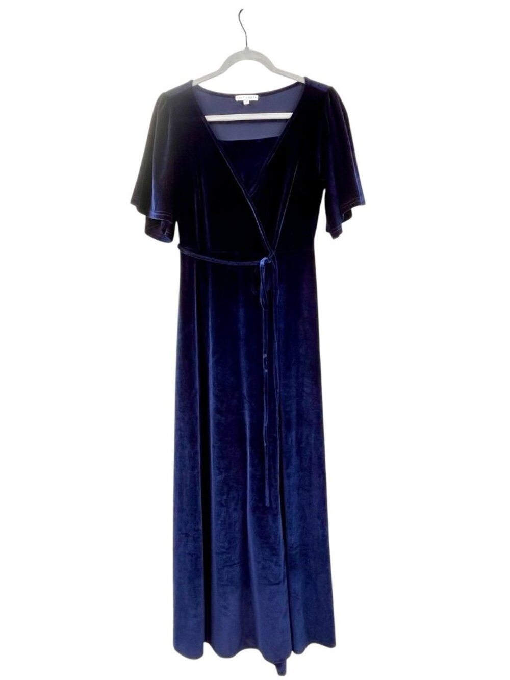 BALTIC BORN Women's Blue Velvet Short Sleeve Faux Wrap Maxi Dress Small